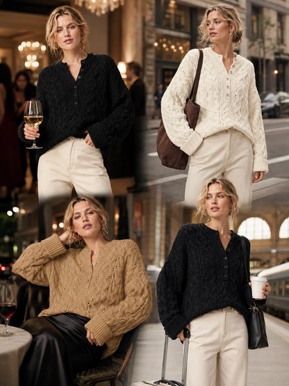 Oversized Chunky Cable Knit Henley Sweater for Women, Half Button V‑Neck Cropped Long Sleeve Pullover, Loose Casual Textured Knit Jumper