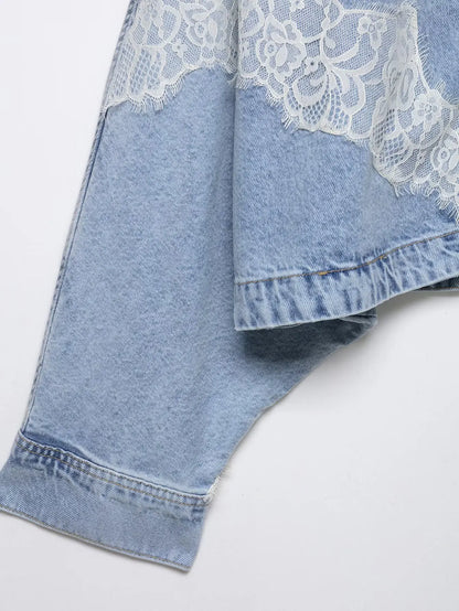 Willshela Women Fashion Denim Lace Patchwork Single Breasted Jackets Vintage Lapel Neck Long Sleeves Female Chic Lady Outfits
