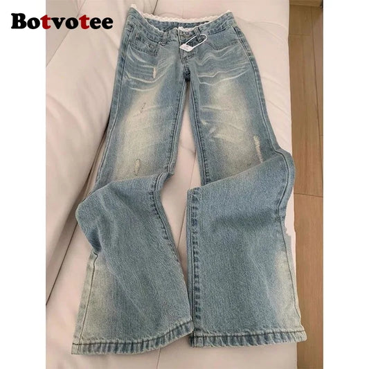 Botvotee Retro Classic American Vintage Denim Jeans for Women Low Waisted Straight 1950s/1960s Inspired Jeans Light Blue Pants