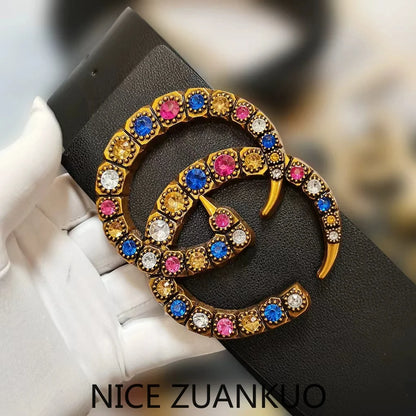 Women's Genuine Leather Belt, High-end European Women's Belt, with Colorful Rhinestones in A Casual Style,