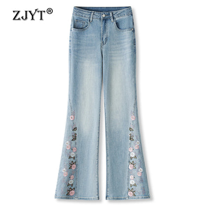 ZJYT Floral Embroidery Flared Jeans Women High Street Fashion Spring Summer Blue Denim Pants Trousers Casual Female Bottoms 2026