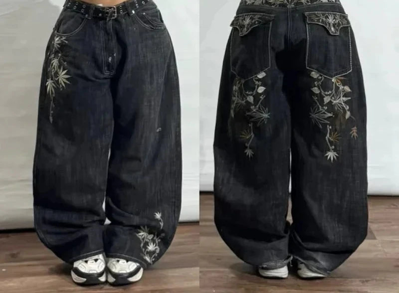 Vinatge Popular Casual Wild Letter Embroidered Baggy Jeans Women Y2K Gothic High Waist Straight Wide Leg Trousers
