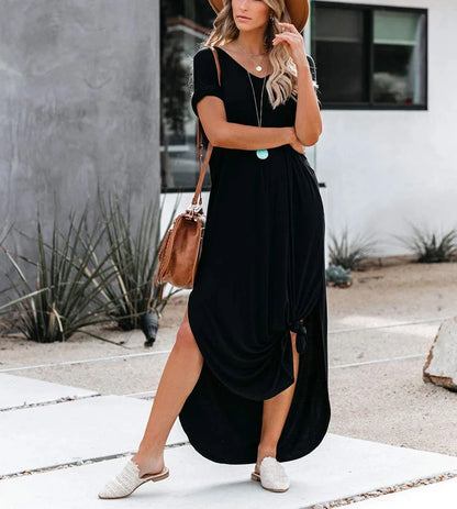 Women's Short Sleeve V-Neck Tie Dye Maxi Dress, Gradient Color Casual Loose Dress with Pockets & Side Slit, Perfect for Beach