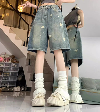 Casual Floral Print Loose Wide Leg Womens Jeans New American Retro Star Design Straight Leg Comfort Stretch Soft Denim Shorts