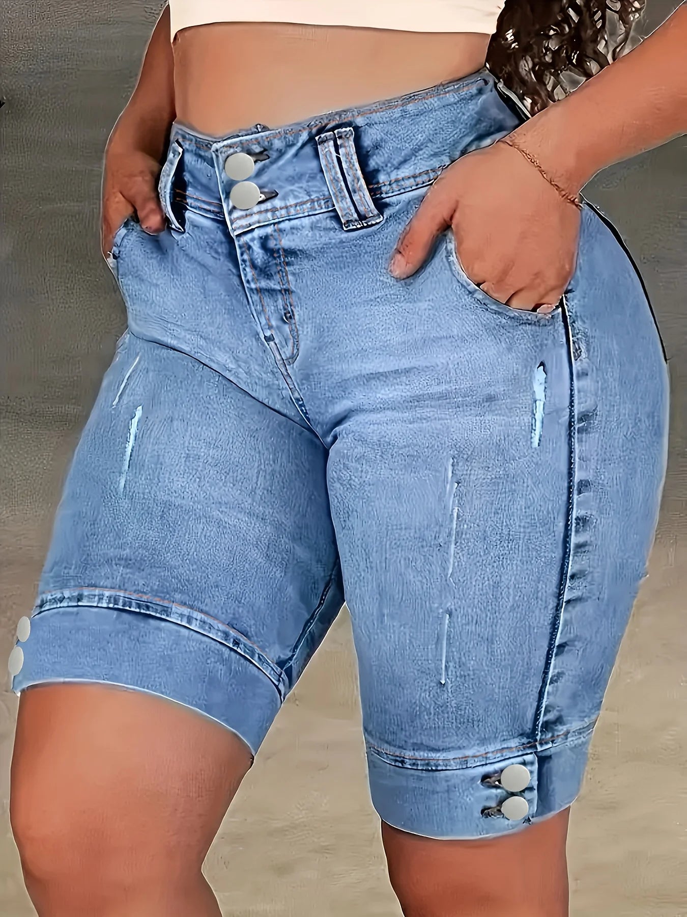 Ladies' Blue Double-Buckle Waist Slim Fit Jeans