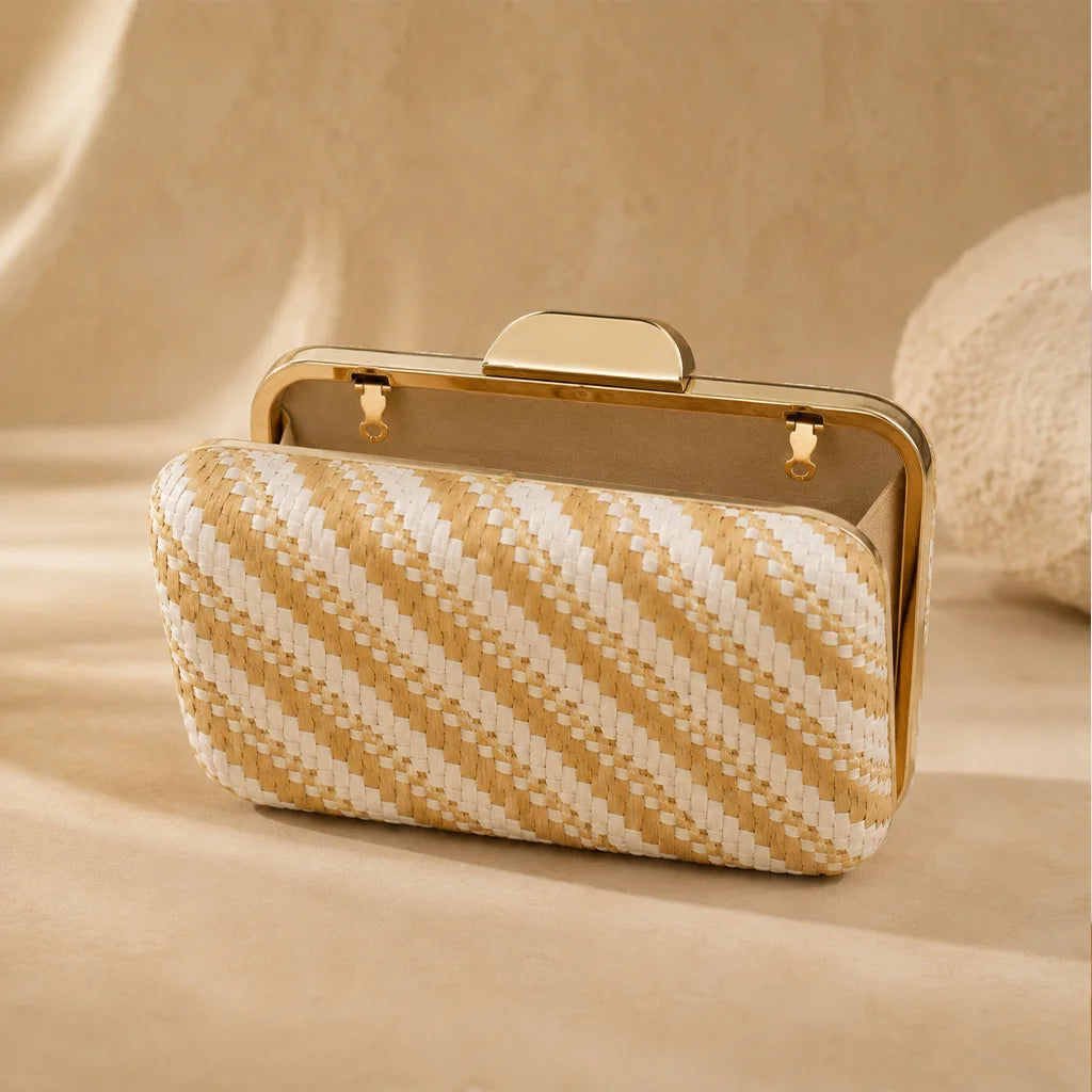 Women Striped Straw Cotton Woven Hard Clutch Bag, Bohemian Box Evening Purse for Wedding Beach Party Banquet