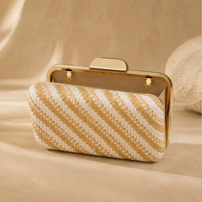Women Striped Straw Cotton Woven Hard Clutch Bag, Bohemian Box Evening Purse for Wedding Beach Party Banquet