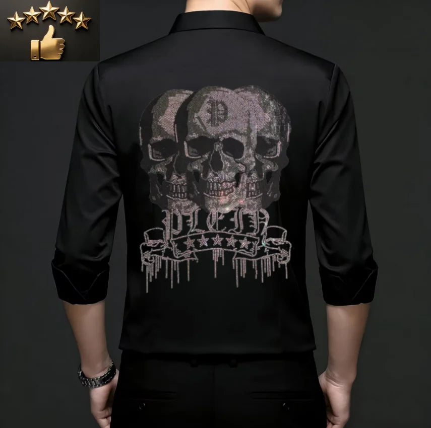 2026 Spring Autumn Luxury Men Streetwear Shirt Shiny Rhinestone Design Loose Natural Silk Casual Long Sleeve Shirt