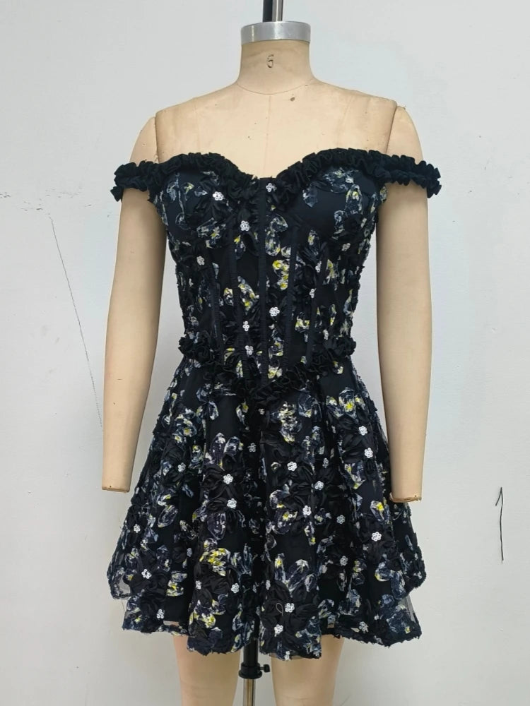 Sexy Off The Shoulder Floral Embroidery Mini Dress Women Ruffles Sleeveless Backless Flowers A-line Dresses Evening Party Gowns
