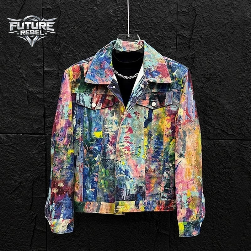 Y2K Graffiti Painting Printed Denim Jacket Men Streetwear Casual Loose Fashion Hip Hop Colorful Gothic Jacket Harajuku Unisex