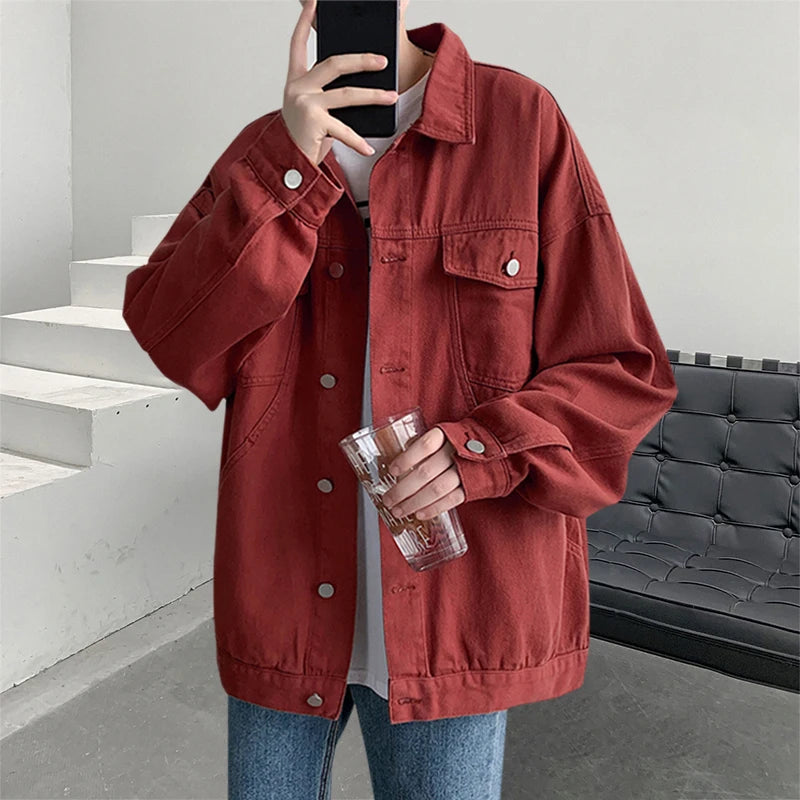 2026 New Steetwear Red Mens Jean Jackets Turn Down Collar Multi-pockets Denim Coats Overalls Loose Casual Men Clothing Outwear