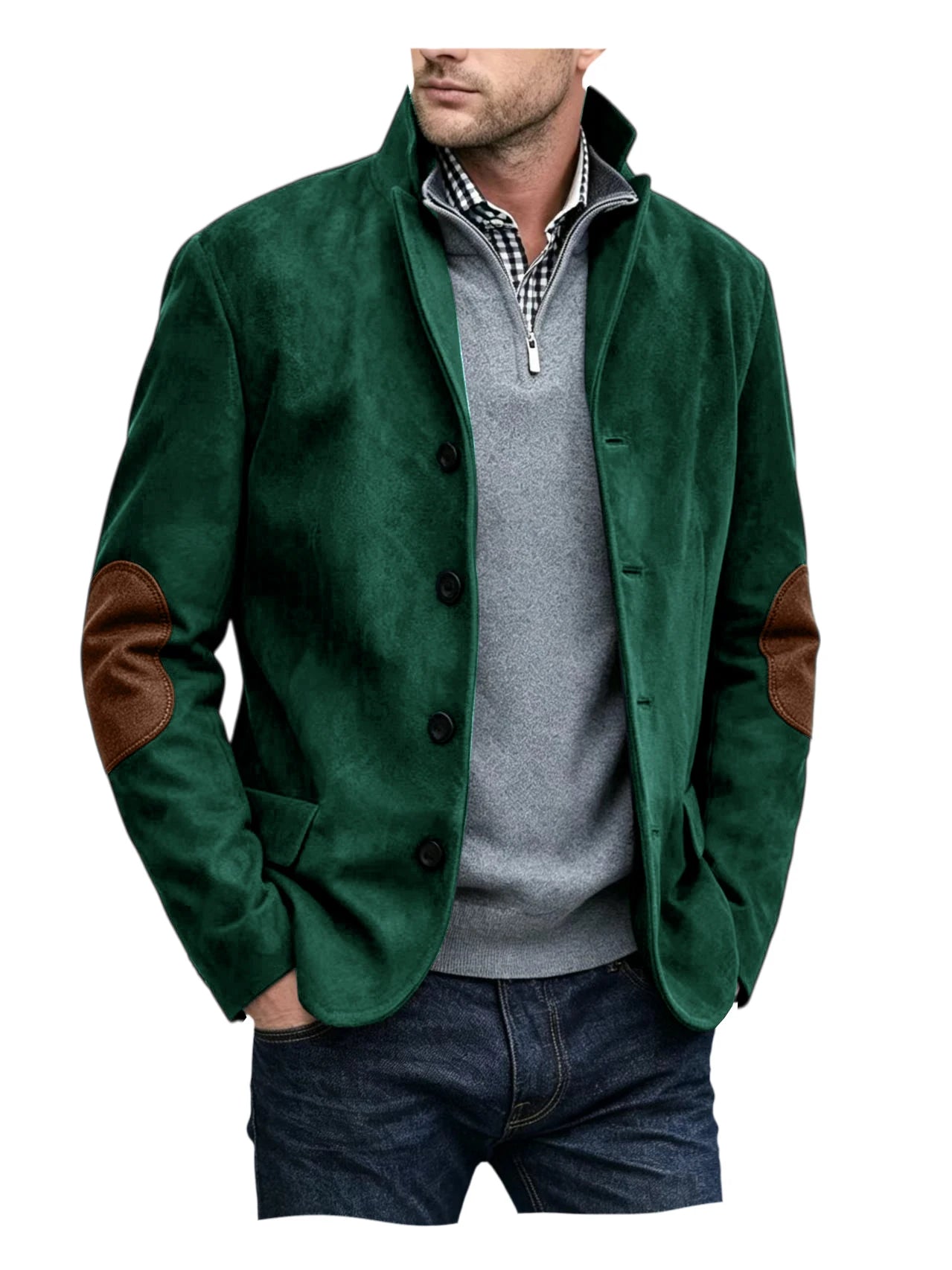 Vintage Men's Suede Blazer Notch Lapel Elbow Patches Slim Fit Jacket Business Casual Men Fashion Outerwear for Spring Autumn