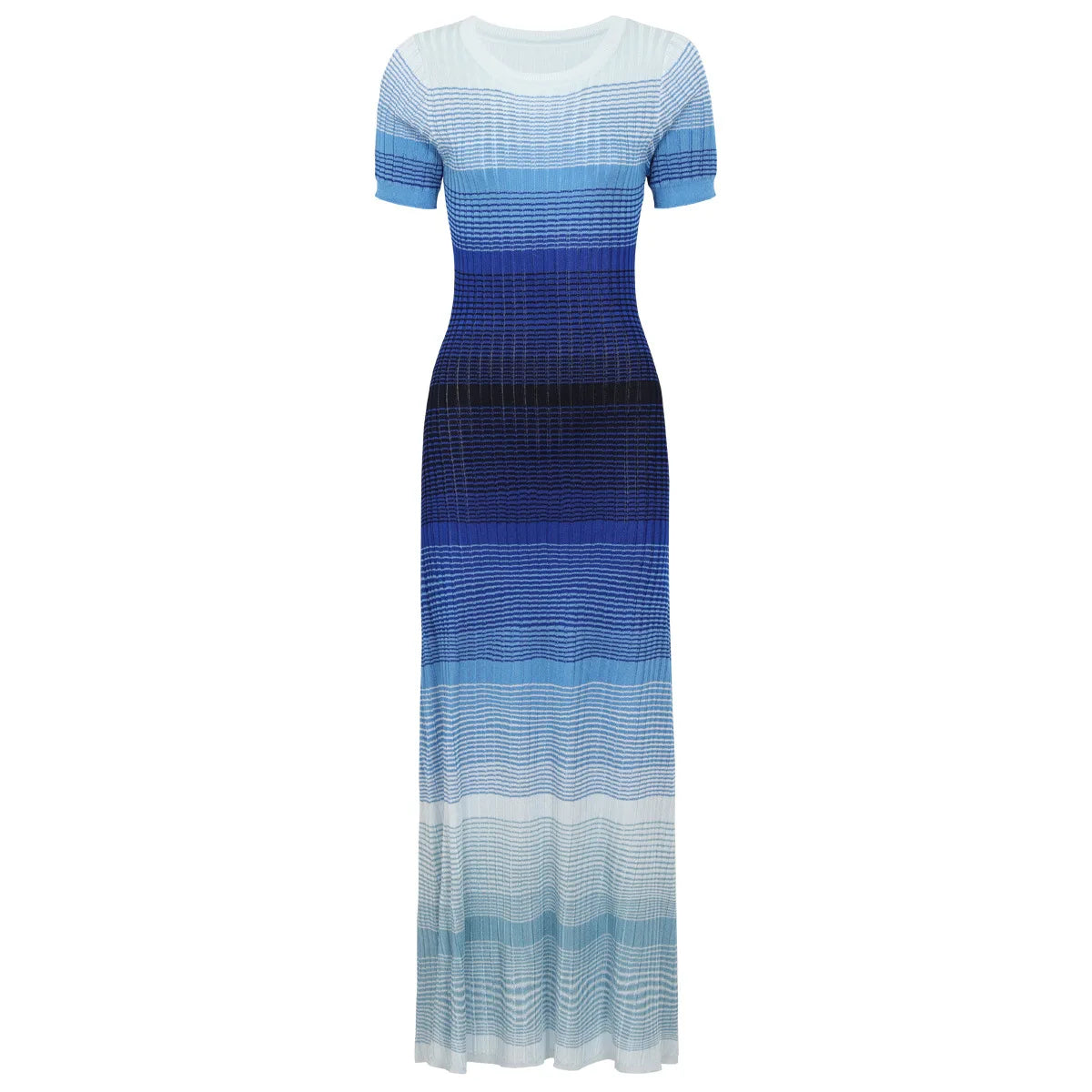 ZJYT Summer Women Fashion Long Knit Dress Gradient Color Short Sleeve Elegant Holiday Casual Dresses Blue Orange Vestidos Lady
