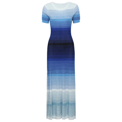 ZJYT Summer Women Fashion Long Knit Dress Gradient Color Short Sleeve Elegant Holiday Casual Dresses Blue Orange Vestidos Lady