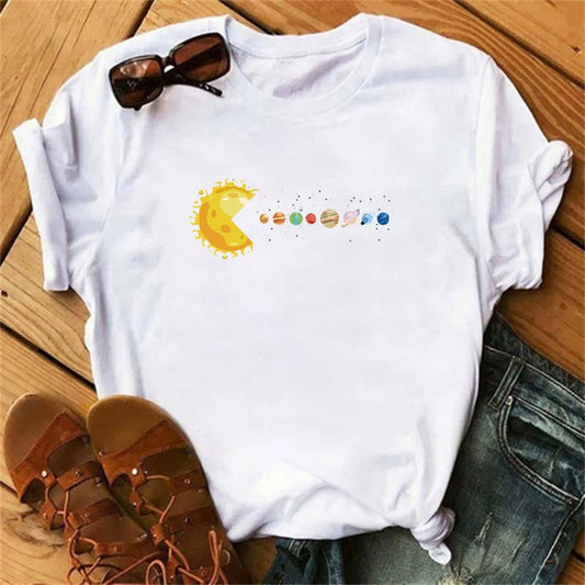 Planetary-themed solar system print T-shirt for women, luxury brand T-shirt, summer fashionable short-sleeved T-shirt