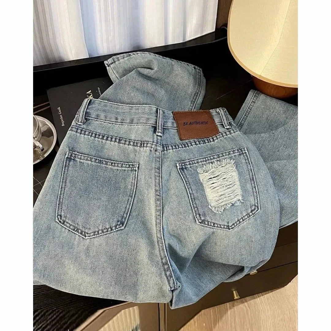 Casual Jeans Womens Straight Leg Denim Trousers Loose Fit High Waist Light Blue Wide Leg Vintage Ripped Design Autumn New