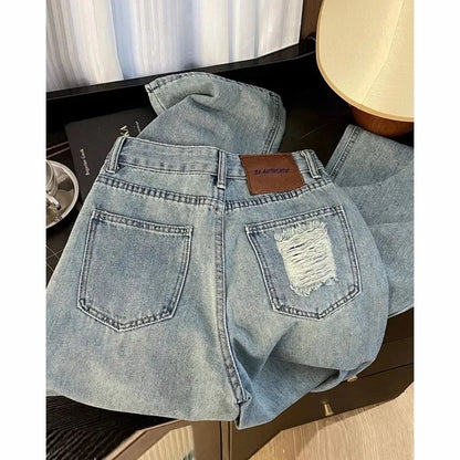 Casual Jeans Womens Straight Leg Denim Trousers Loose Fit High Waist Light Blue Wide Leg Vintage Ripped Design Autumn New