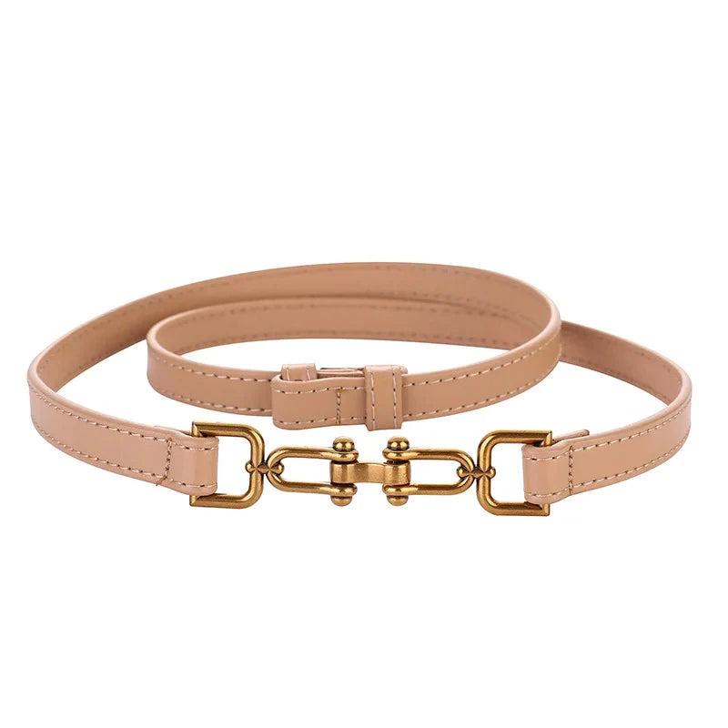 Women's Adjustable Thin Leather Belt, Genuine Leather Waist Belt with Decorative Fashion Buckle for Coats and Dresses