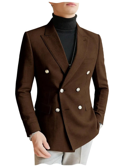 Men's Linen Blazer Double Breasted Slim Fit Breathable Suit Jacket Business Casual Gentlemen Coat Formal Wedding Party Dress