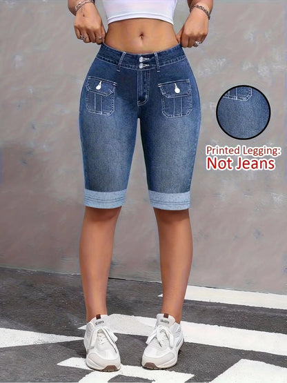 Women's Faux Denim Print Capri Leggings, Non-Denim Soft Skinny Yoga Pants