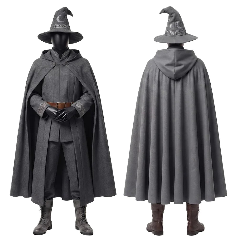 Halloween Cosplay Wizard Cloth Top Pants Cloak Hat Red Grey Black Party Disguise Roleplay