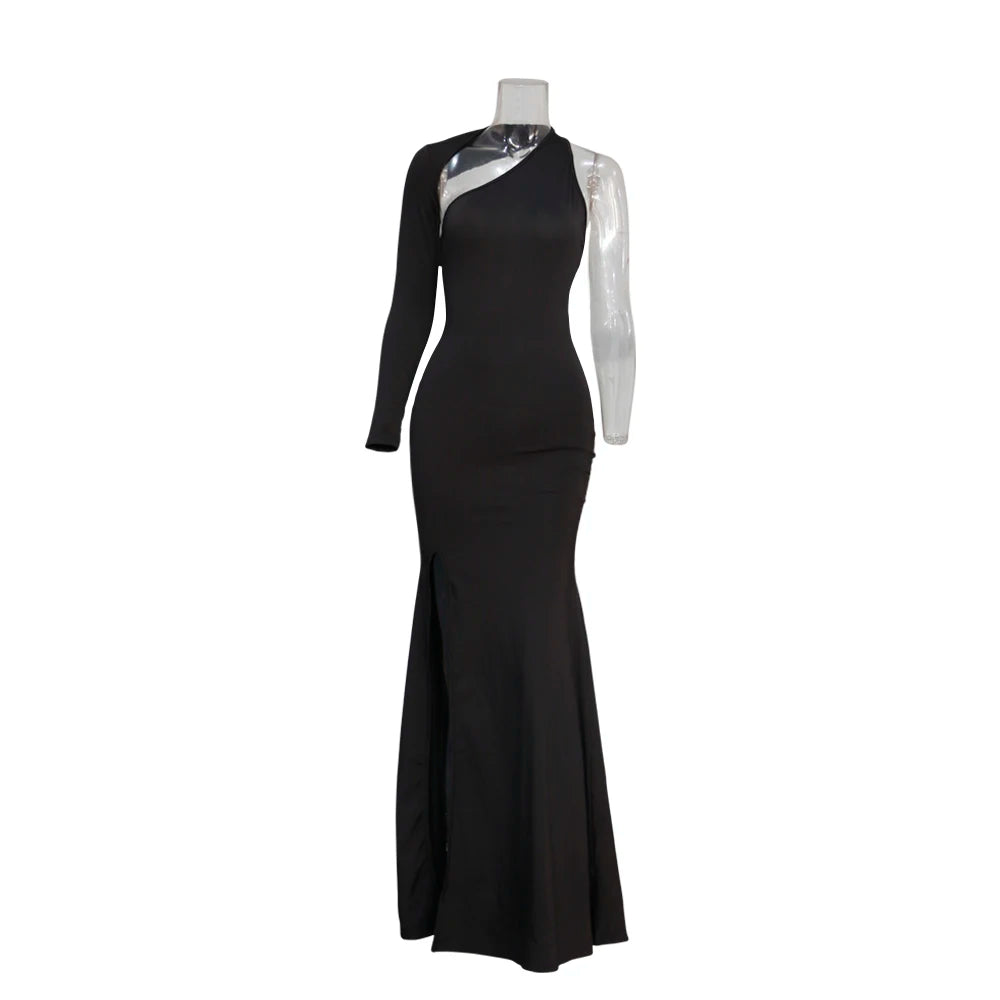 Spring Fall Longuette Long-sleeved Elastic Force Single Sleeve Slim Long Women's Dress