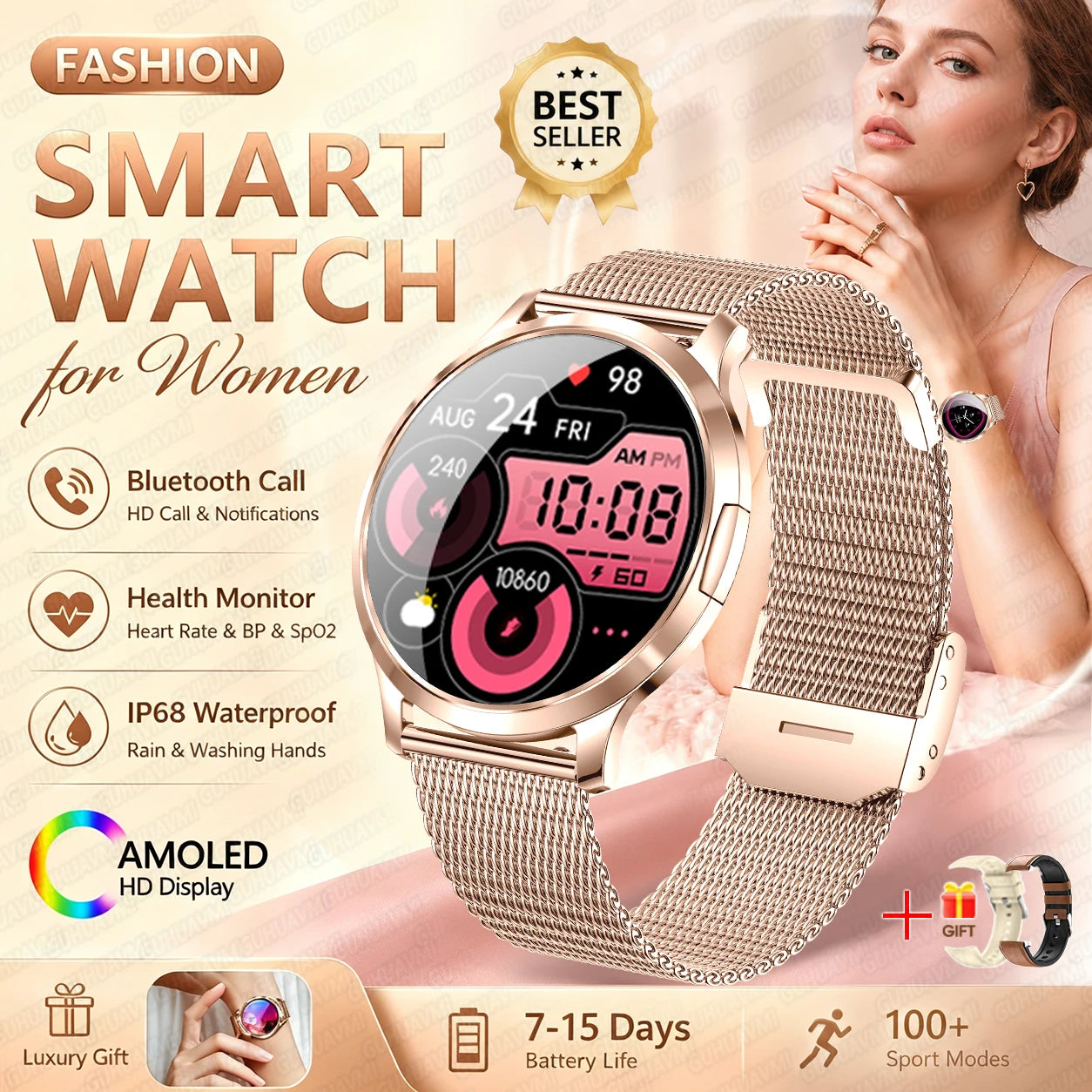 Fashion Women Smart Watch 1.32”AMOLED 100+dials Heart Rate Blood Oxygen Blood Pressure Monitoring Waterproof Give a Gift 2026New