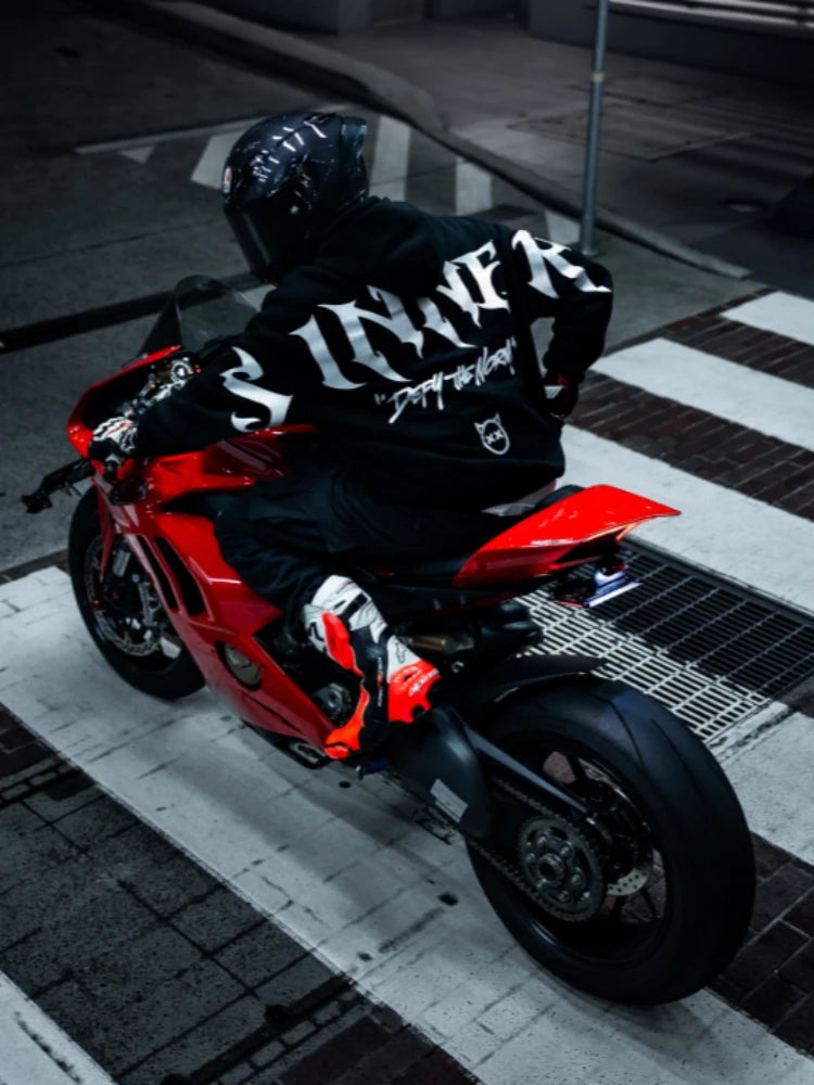 Mens Gothic Sinner Letter Print Reflective Hoodie Streetwear Unisex Hooded Sweatshirt Y2K Punk Hip Hop Loose Pullover Top New