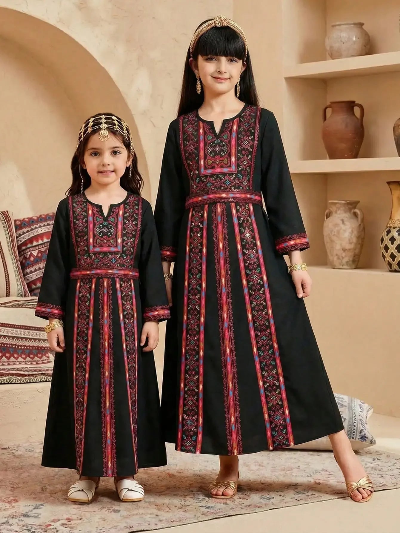Black Embroidered Maxi Dress With Geometric Pattern, A-Line Long Sleeve, Bohemian Style