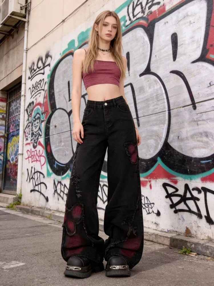 Women's Baggy Butterfly Jeans Vintage 90s Aesthetic Cowboy Pants Harajuku Oversize Denim Trousers Y2k 2000s Black Gothic Clothes