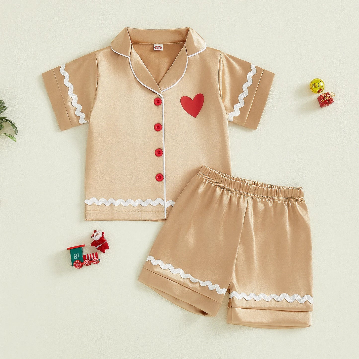 Children s Christmas Satin Pajama Set with Reindeer Print Short Sleeve Lapel Button Down Tops and Shorts 2 Piece Set