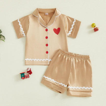 Children s Christmas Satin Pajama Set with Reindeer Print Short Sleeve Lapel Button Down Tops and Shorts 2 Piece Set