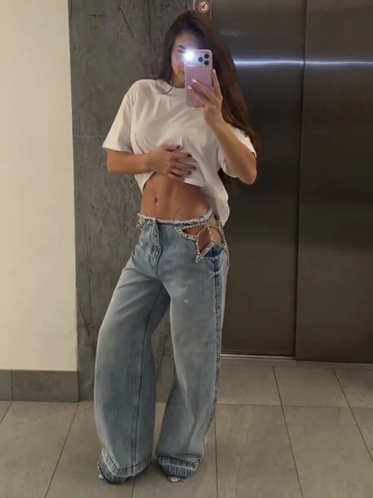 Y2K Rhinestone Fringed Jeans Women Low Waist Wide Legs Hollow Out Denim Pants Female 2026 Summer New Chic Soft Streetwears