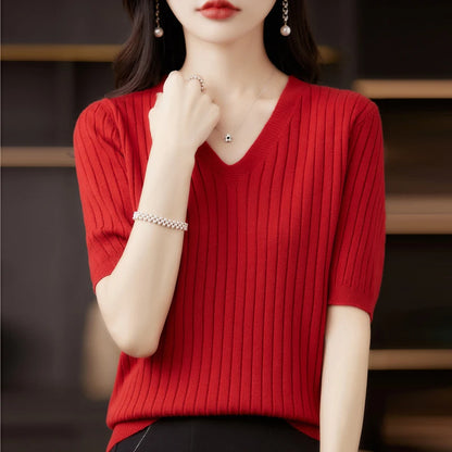 Women's Sweater Spring Summer Short Sleeve V-neck Knit Shirt Casual Pullovers Stripe Bottoming Shirt Slim Fit Jumpers