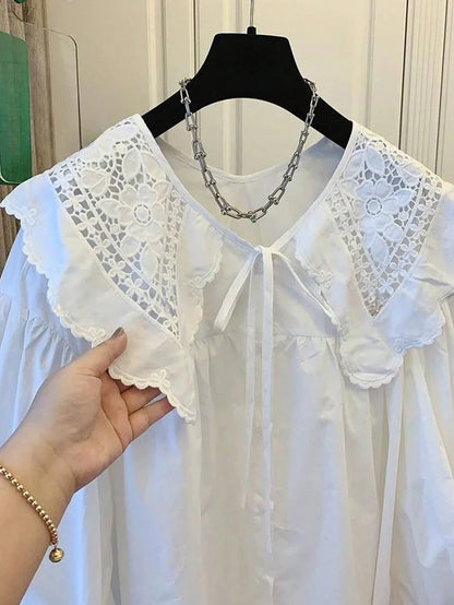 Women's Casual Loose Doll Collar Blouse, Elegant Lace Trim Peter Pan Collar Shirt, Sweet Daily Top for Spring Summer