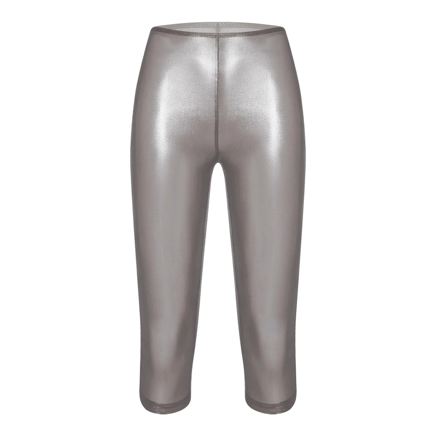 Womens Metallic Shiny Slim Fit Capri Pants Semi-transparent Capri Leggings Elastic High Waist Tights Shiny Cover-up Rave Pants