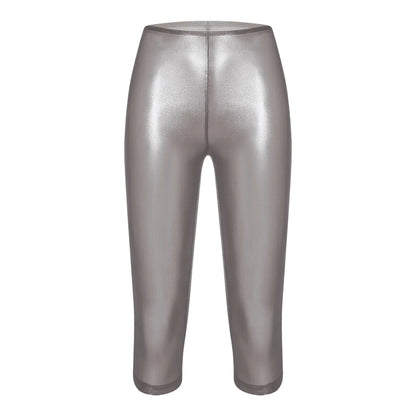Womens Metallic Shiny Slim Fit Capri Pants Semi-transparent Capri Leggings Elastic High Waist Tights Shiny Cover-up Rave Pants