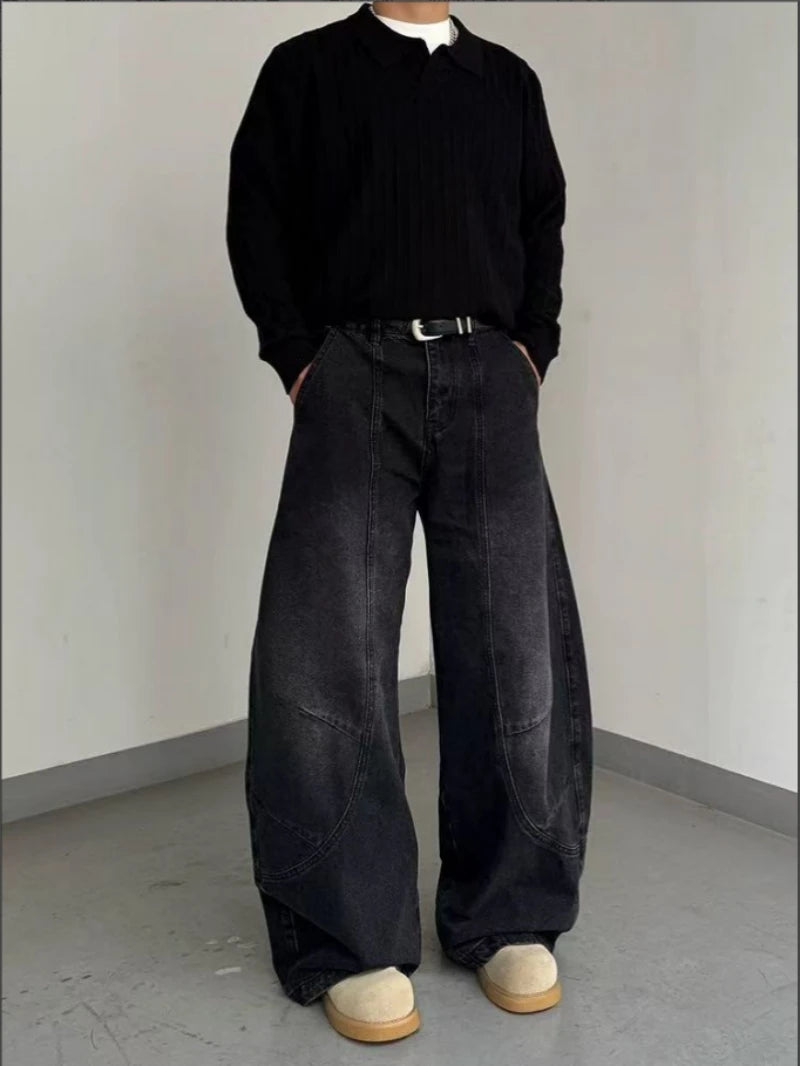 Men's Black Faded Baggy Wide Leg Jeans Unique Curved Seam Detail Hip Hop Street Style Casual Daily Going Out Loose Fit Denim Trousers