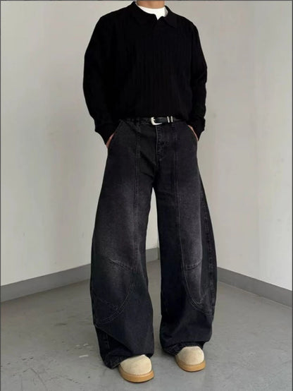 Men's Black Faded Baggy Wide Leg Jeans Unique Curved Seam Detail Hip Hop Street Style Casual Daily Going Out Loose Fit Denim Trousers
