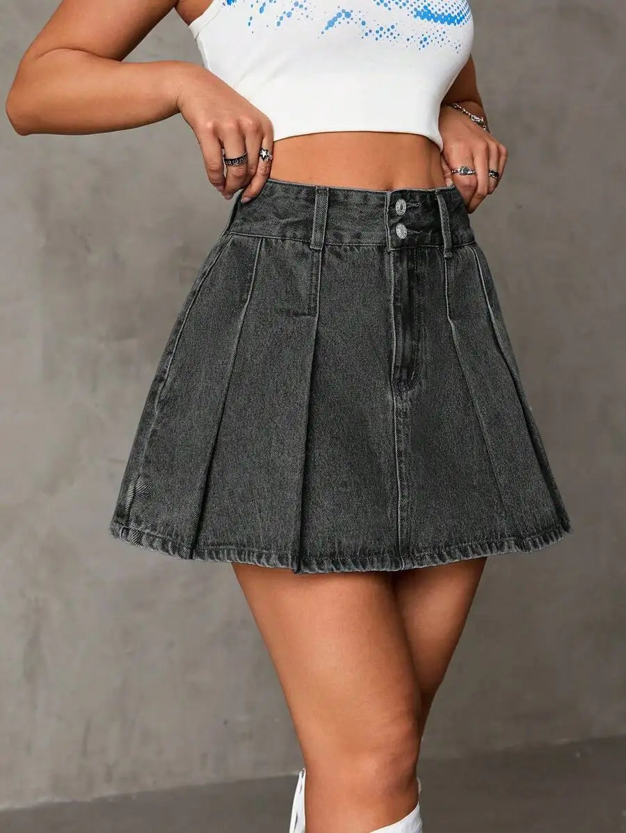 High Waist Pleated Denim Mini Skirt with Button Closure