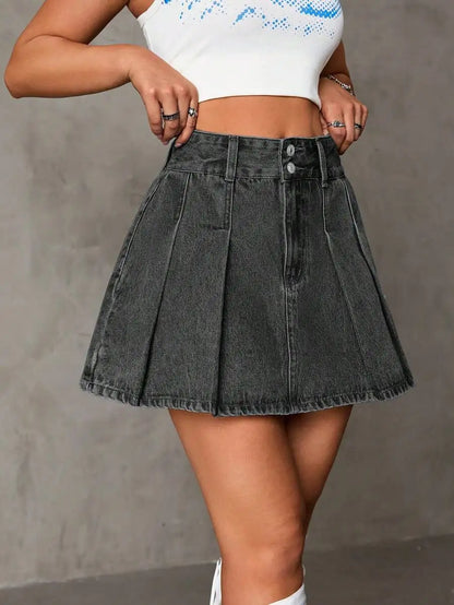 High Waist Pleated Denim Mini Skirt with Button Closure