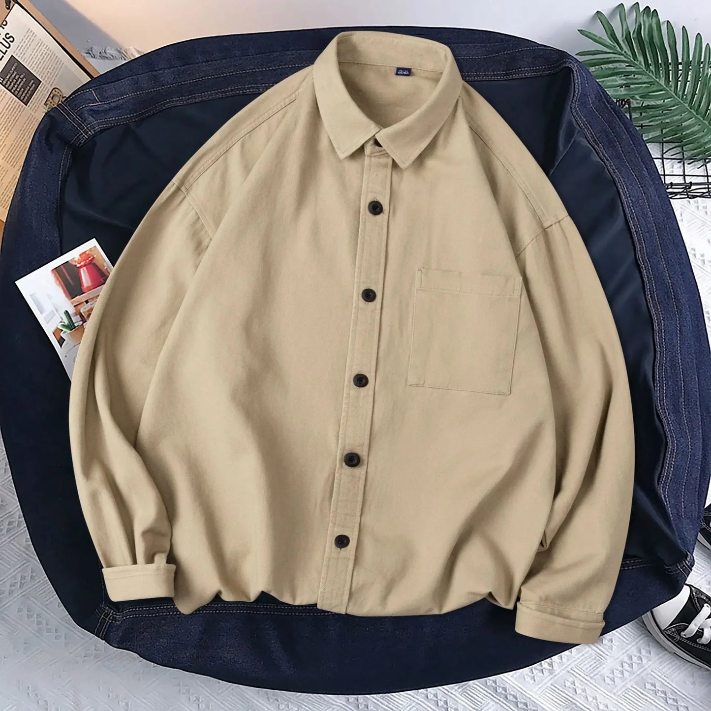 Heavy duty pure cotton shirt men's long sleeved ins trendy loose jacket for spring inner wear casual workwear shirt
