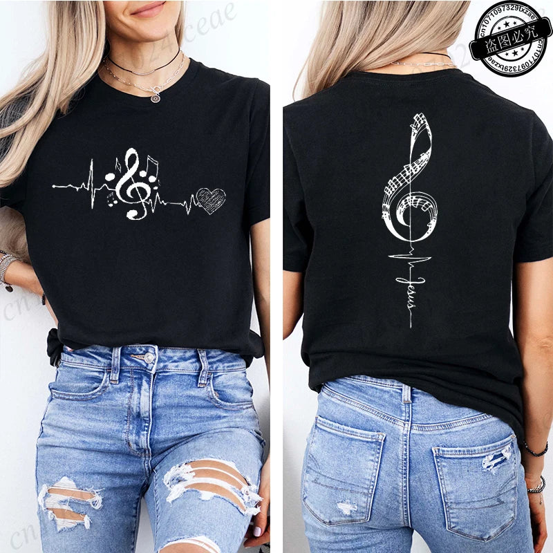 Musical Notes Printed T-Shirt for Women, Heartbeat Music Graphic Tee Shirts