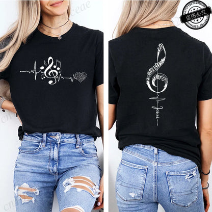 Musical Notes Printed T-Shirt for Women, Heartbeat Music Graphic Tee Shirts