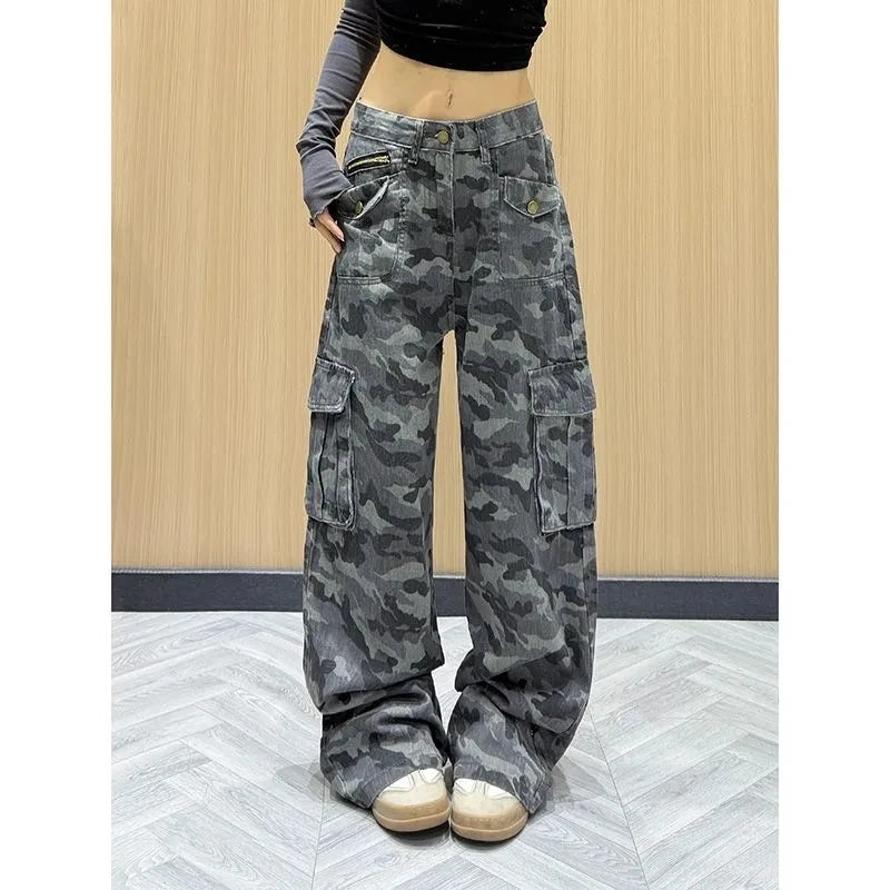 Retro Camouflage Work Pants Women's Spring Autumn Loose Slimming Floor-Length Trousers Multiple Pockets Ladies Casual Workwear
