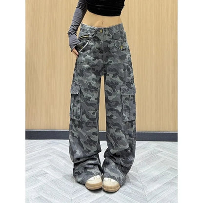 Retro Camouflage Work Pants Women's Spring Autumn Loose Slimming Floor-Length Trousers Multiple Pockets Ladies Casual Workwear