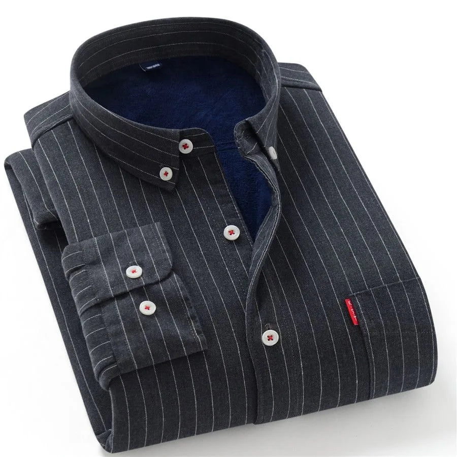 Men's Thickened Flannel Warm Striped Shirt Autumn Winter Casual Style Wear Resistant Durable Outerwear Youth Popular Fashion