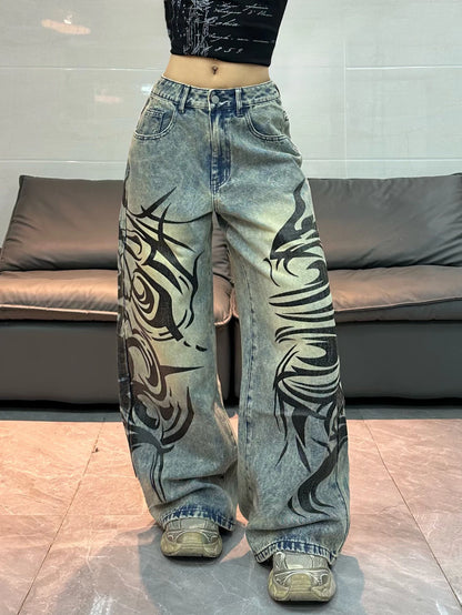 American-Style Vintage Washed Distressed Totem Print Loose Jeans, Street Fashion Trendy Versatile High-Waist Wide-Leg Pants For Women