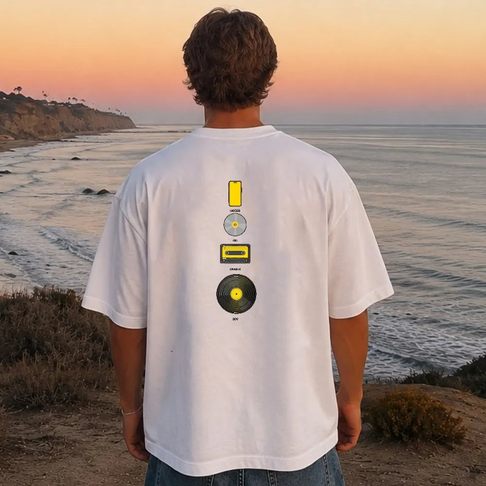 Music Evolution Media Vertical Graphic T-Shirt Men Back Print Cotton Short Sleeve Vinyl Cassette CD Phone Nostalgia Casual Tee