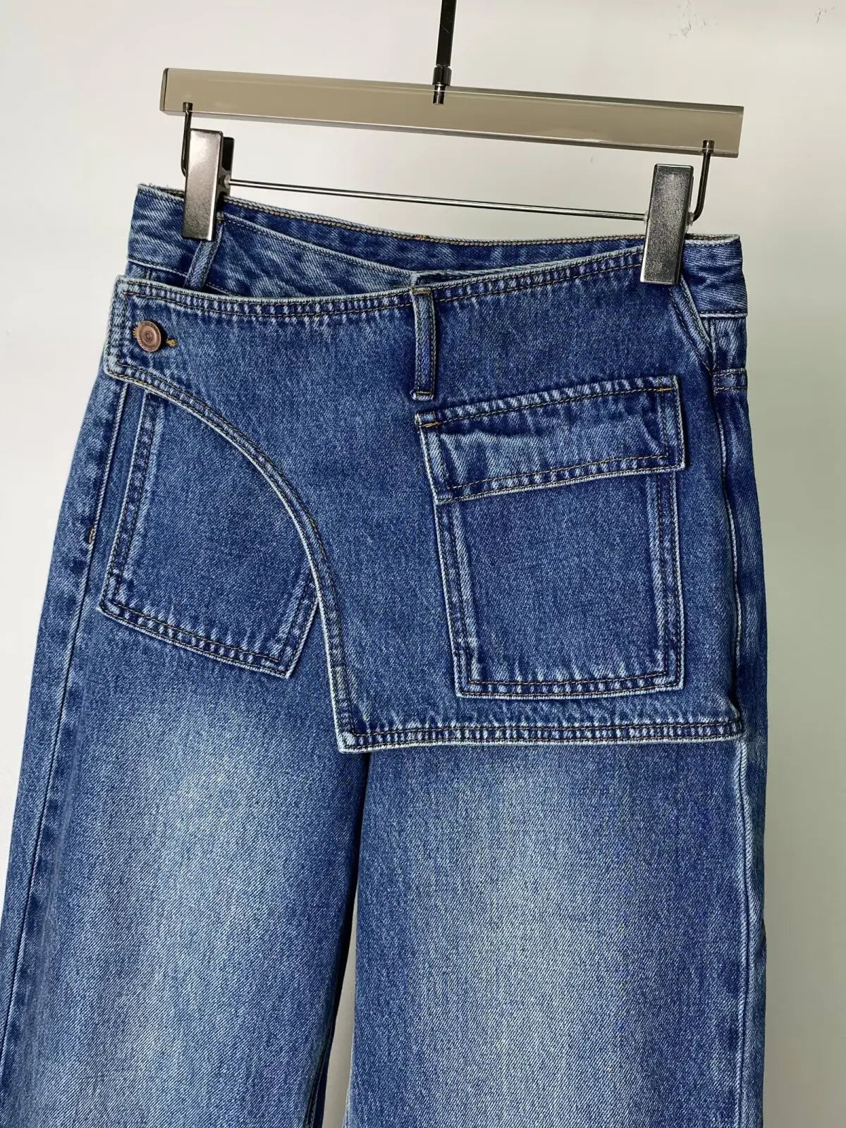 American Style Women's Vintage Washed Denim Pants High Waist Irregular Loose Wide Leg Trousers All-match Ladies Jeans